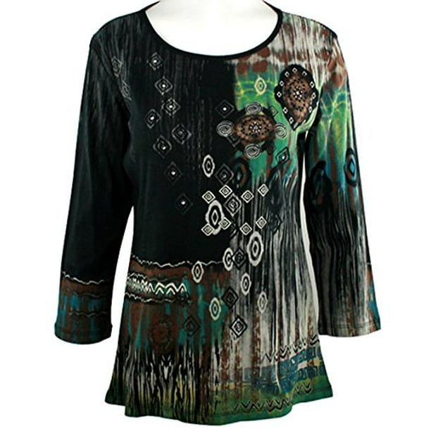 Katina Marie New York 3/4 Sleeve Rhinestone Print Cotton Scoop Neck Top Katina Marie New York 3/4 Sleeve Rhinestone Print Cotton Scoop Neck Top